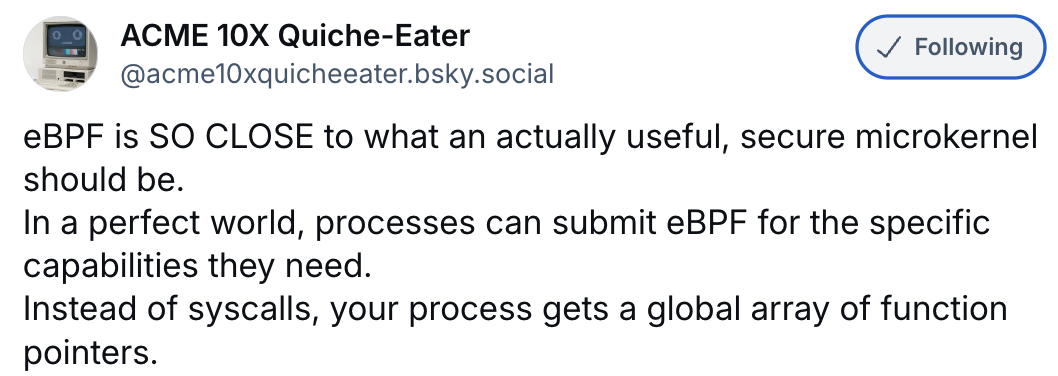 Skeet: eBPF is SO CLOSE to what an actually useful, secure microkernel should be.  In a perfect world, processes can submit eBPF for the specific capabilities they need. Instead of syscalls, your process gets a global array of function pointers.